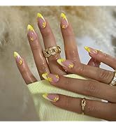Tyuimhx Yellow Flowers Press on Nails Medium Almond Fake Nails French Tip False Nails With Yellow...