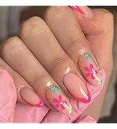 Flower Press on Nails Short Almond Fake Nails Pink French Tip Nails Press ons Colorful Flowers Ac...