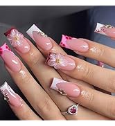 24 Pcs Pink Press on Nails Long Square Fake Nails French Tip Glue on Nails with 3D Flower Rhinest...
