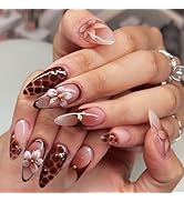 Handmade Press on Nails Medium Nude Brown Gradient Almond Fake Nails with Stereoscopic Flower Des...