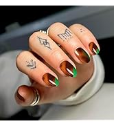 Summer Press On Nails Short Almond, SHOWMORE Neon Green Swirl French Tip Fake Nails Malachite Glu...