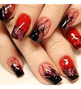 24 Pcs Flame Press on Nails Short Square Red Fake Nails with Glitter Design Black Flame False Nai...