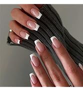 24Pcs White French Tips Press on Nails with Simple Design, Glossy Nude Medium-Short Square False ...