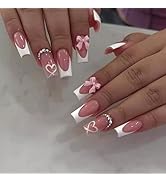 Square Press on Nails Medium Long Fake Nails with White French Designs Nude Translucent Artificia...