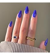 Dark Blue Press On Nails - Almond Medium Fake Nails, Solid Color, Glossy Finish, Full Cover, Reus...