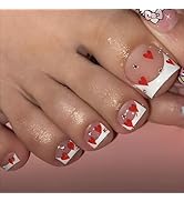 24Pcs Heart Press on Toenails Short Square French Tip Fake Toe Nails with Diamond Valentine's Day...