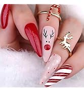 Christmas Press on Nails Long Stiletto Fake Nails Red White Stripe False Nails Cute Reindeer Snow...