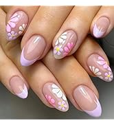 Flowers Press on Nails Short Almond Fake Nails Purple French Glue on Nails Nude Translucent Nails...