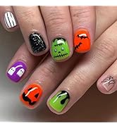 Halloween Press on Nails Short Square Fake Nails Cute Cartoon False Nails With Designs Ghost Bat ...