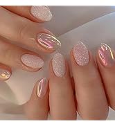 Short Press on Nails Almond Glue on Nails Glossy Glitter Acrylic Nails Chrome Nails Press ons Tra...