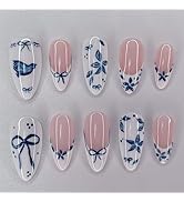 24Pcs French Tip Press on Nails Medium Almond Fake Nails Blue Bow Flower Glossy Design Full Cover...