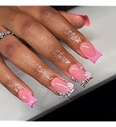 LPOODDNU Acrylic Press on Nails Medium Square Shaped Pink French Tips Artificial Nails with Rhine...