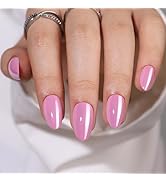 Pink Press on Nails Almond Fake Nails Short Nails Press Ons, Glossy Glue on Nails Light Pink Fals...