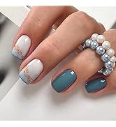24 Pcs Press on Nails Short Blue Square Fake Nails Glossy Glue on Nails Glitter Designs Short Acr...