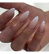 Ombre Press on Nails Almond Medium Fake Nails Nude White Gradient False Nails Full Cover Natural ...