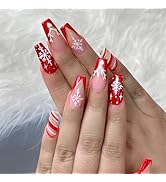 Christmas Press on Nails Medium Square Fake Nails Coffin Nails Snowflake Elk Gold Glitter Designs...