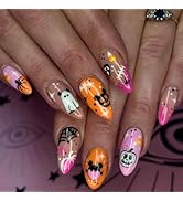 Halloween Press on Nails medium Almond Fake Nails Pink Orange Halloween False Nails with Designs ...