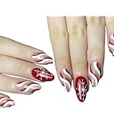Christmas Almond Press on Nails Medium False Nails Red White Glue on Nails Wave Snowflake Gold Fo...