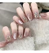 30 Pcs Pink Cat's Eye Press on Nails Short Square - SHANRUN Rhinestones Fake Nails Press ons Fren...