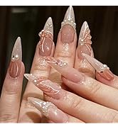 Long Press on Nails Stiletto Fake Nails French Tip False Nails with Designs 3D Fishtail Pearl Glu...