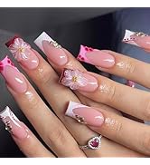 24 Pcs Pink Press on Nails Medium Square Pink French Tip Fake Nails with 3D Flower Rhinestones De...