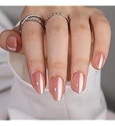 Nude Press on Nails Short Oval Nails Chrome Pink Fake Nail with Nail Glue, Soft Gel Full Cover Gl...