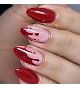 Red Press on Nails Halloween Fake Nails Medium Almond Shape False Nails with Designs Bloody Glue ...