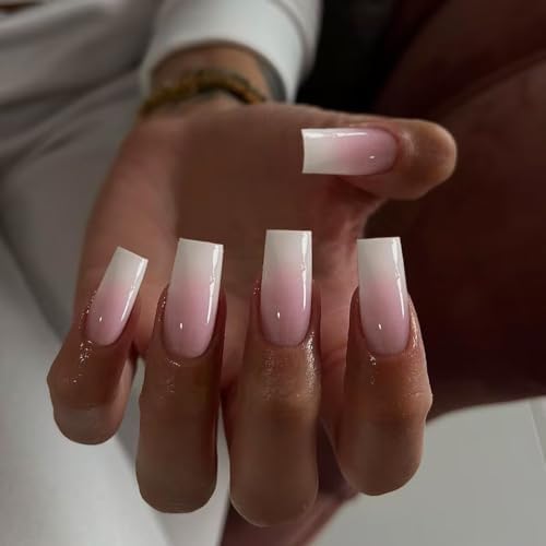 KQueenest Ombre Pink Press on Nails Long Square Shaped Gradient French Fake Nails Press Ons, Natural Gel Square Tips - 24 Pcs Coffin Acrylic False Nails Set for Women Daily Wear