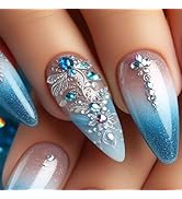 24Pcs Blue Glitter Press on Nails Medium Almond Fake Nails Blue Ombre False Nails with Rhinestone...