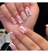 LRKNNO French Tip Press on Nails Short Square Fake Nails with Bow Rhinestones Design Coffin Nail ...