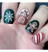 Christmas Press on Nails Short Square Fake Nails Christmas Gingerbread Man Snowman Chocolate Hous...