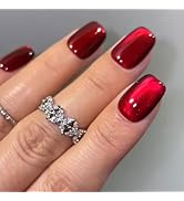 Red Cat Eye Press on Nails Short Fake Nails with Burgundy Designs Square Full Cover Nails Press o...
