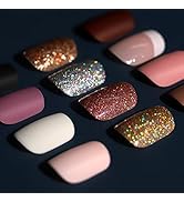 Teenitor Press on Nails Short for Women, 12 Packs Matte Fake Nails with Glue French Tip, Glitter ...