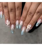 Summer 3D Flowers Press on Nails Medium Almond Fake Nail with Goldfish Pearls Designs Blue Gradie...