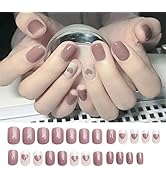 Oval False Nail Heart Glossy Press on Nails Brown Love Acrylic Party Short Fake Nails Art Daily O...