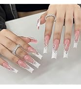 French Long Press on Nails Coffin Shape Fake Nails Pink Glossy Acrylic Nails with French White Si...