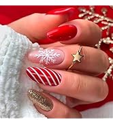 Christmas Press on Nails Medium Almond Fake Nails Red Holiday False Nails Snowflake Designs Acryl...