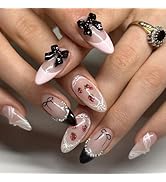 24Pcs Cute French Tip Press on Nails Almond Medium Fake Nails with Glue Cute Strawberry Bow Pearl...
