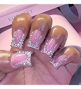 LPOODDNU French Tip Press on Nails with Crystal Rhinestone Designs Glossy Pink Fake Nails Medium ...