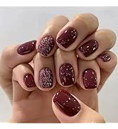 Christmas Press on Nails Short Square Fake Nails Red False Nails Nails Glossy Glitter with Design...