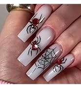 Halloween Press on Nails Long Square Fake Nails Nude White False Nails with Design Spider Web Glu...