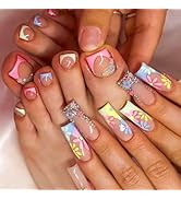 Pink Square Press on Nails Long & Press on Toenails Set - SHANRUN Flower French Fake Nails Press ...