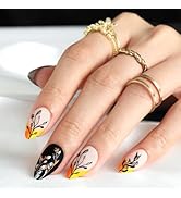 Press On Nails Short Almond, French Tip Leaf Flowers Fake Nails Medium Black Orange Yellow Glue O...