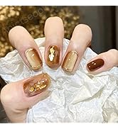 Apictseoo 24 Pcs Press on Nails Short False Nails Golden coffee French Designs Coffin Fake Nails ...