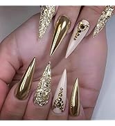 24Pcs Gold Press on Nails Long Stiletto Fake Nails with Charms Gold Rhinestones False Nails Full ...