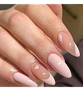 Valentines Press on Nails Medium Almond Fake Nails with French Tip Designs Pink Full Cover Acryli...