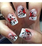 Spring Summer Flowers Press on Nails Short Square Fake Nail with Rhinestones Black Leaves Designs...