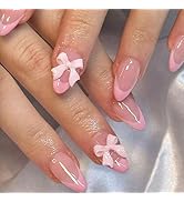 24pcs French Tip Press on Nails Short Almond Fake Nails with Charm Designs Cute Bow False Nails F...