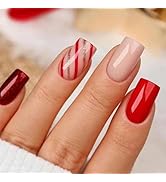 Christmas Press on Nails Short Square Fake Nails Red False Nails with Stripe Designs Gold Glitter...
