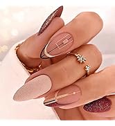 YOSOMK Almond Press on Nails Medium Fake Nails French Burgundy Glue on Nails with Design Glitter ...